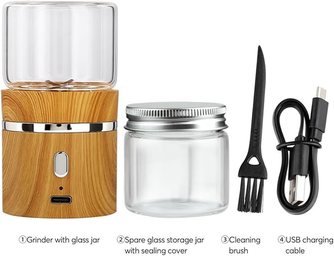 Electric Grinder Spice Crusher Rechargeable Mini Size 2" x 3.5" with 2PCS 1.7oz/50ml Glass Jars (NOT for nuts or beans), Wood Grain Pattern