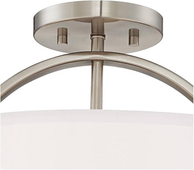 Possini Euro Design Halsted Modern Close to Ceiling Light Semi Flush Mount Fixture 15" Wide Brushed Nickel Silver White Linen Drum Shade for Bedroom Hallway Living Room Dining Room Bathroom Kitchen