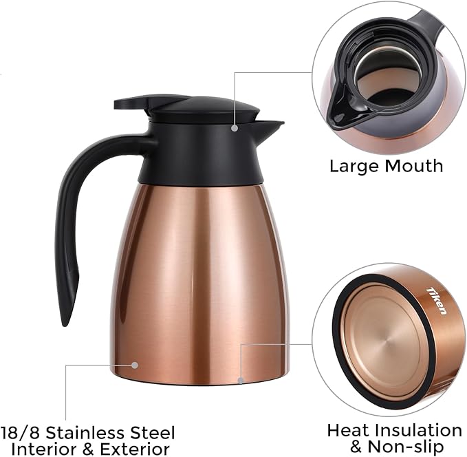 Tiken 34 Oz Thermal Coffee Carafe, Stainless Steel Insulated Vacuum Coffee Carafes For Keeping Hot, 1 Liter Beverage Dispenser (Copper)