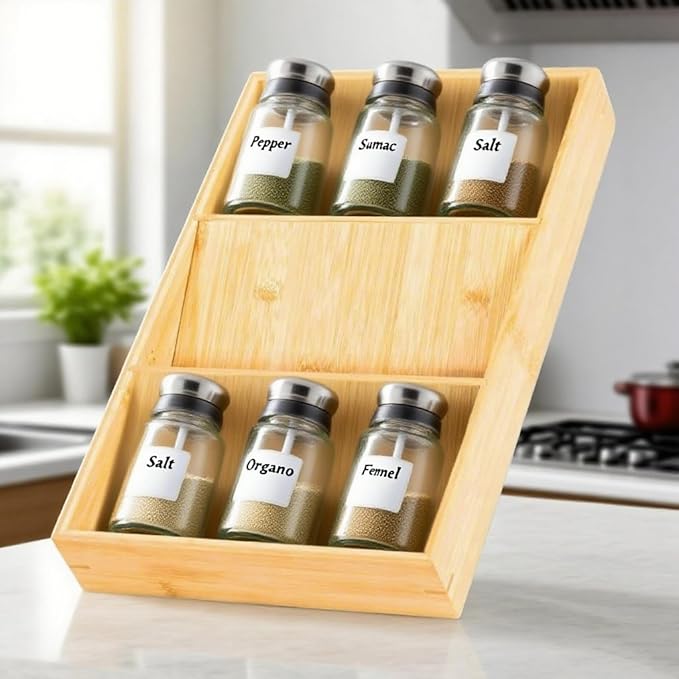 3-Tier Bamboo Spice Rack Organizer for Kitchen Drawer - Cabinet Storage Tray Fits Most Drawers (Pre-Measure Your Space) | 1-Pack, Natural Bamboo
