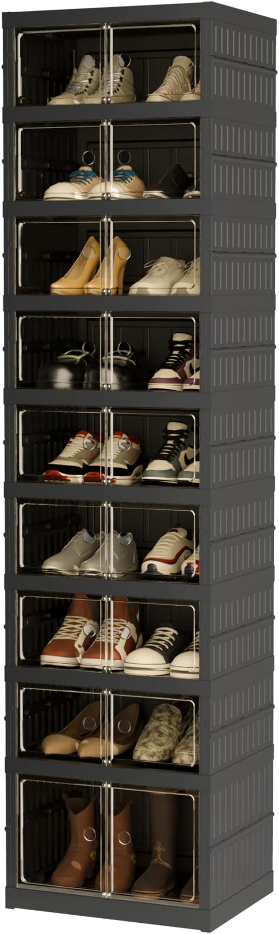 Foldable Shoe Organizer Storage Box, Portable Extra Large Folding Shoe Rack for Closet, Shoe Storage Box with Magnetic Transparent Door and Wheels, 9 Layers 18 Grids with 2 Big Grids