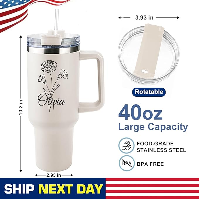 ThermoThrill Ships Next Day, Personalized 40 Oz Tumbler with Handle and Straw Custom Tumbler with Text Stainless Steel Mug Birthday Gifts for Women