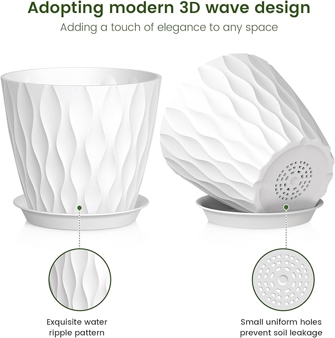 7 inch Plant Pots for Indoor Outdoor Plants, 5 Pack Thick Nursery Pots with Drainage Holes and Saucers, 3D Modern Wave Texture Plastic Planter Pots for Flowers and House Plants, White
