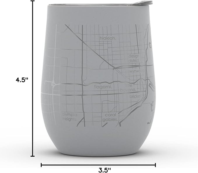 Well Told Engraved Miami Florida Map Insulated Wine Tumbler, Etched Stainless Steel Cup (12 oz, Dockside Gray) City Map Insulated Tumbler, Custom Insulated Tumbler, Outdoor Drinkware