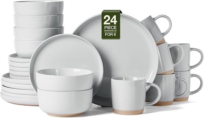 Famiware Milkyway Stoneware Dinnerware Sets with Mugs, Service for 6 (24 Pieces), Plates and Bowls Sets -Scratch Resistant, Microwave and Dishwasher Safe Dishes Set, Light Gray