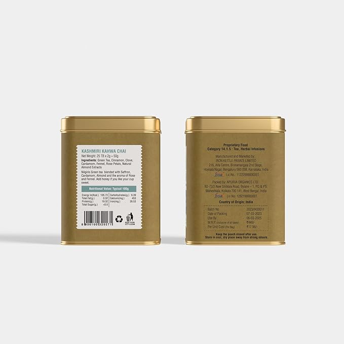 Iron Kettle Kashmiri Kahwa Green Tea | High Grown Tea blended with spices for perfect aromatic detox | Sourced exclusively from small tea growers with higher fine leaf count | 25 Tea Bags