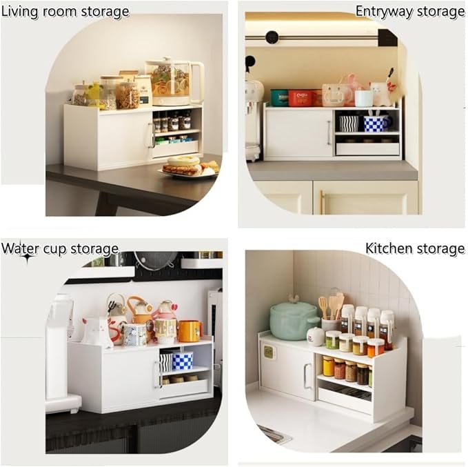 2-Tier Metal Spice Rack, Kitchen Countertop Organizer with Drawers, Tiered Coffee Mug Holder, Simple Coffee Bar Organizer with Sliding Door