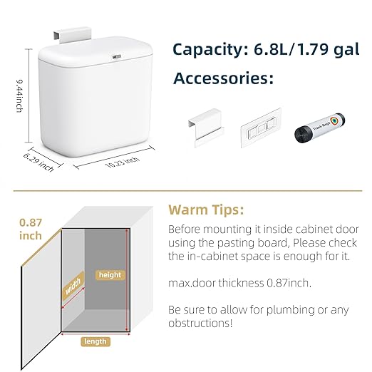 MUEE 1.8 Gal/7L Small Bathroom Trash Can with Lid, Under Sink Trash Can Compost Bin, Slim Kitchen Waste Bins Hanging Garbage Can Trash Bin Waste Basket for Cupboard, Bathroom, Living Room, Office, RV