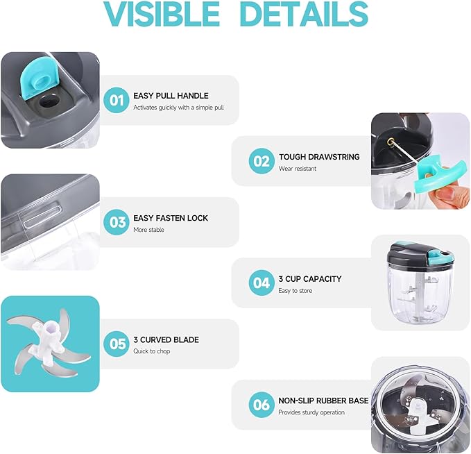 Manual Food Processor Vegetable Chopper, Portable Hand Pull String Garlic Mincer Onion Cutter for Veggies, Ginger, Fruits, Nuts, Herbs, etc., (900ml,Gray-blue)