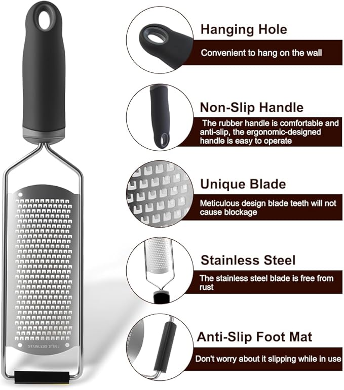 Upgraded Lemon Zester & Cheese Grater,Food Grade Stainless Steel None-Slip Handle Grater for Chocolate, Ginger and Garlic,Durable and Easy-To-Clean(Dishwasher Safe)