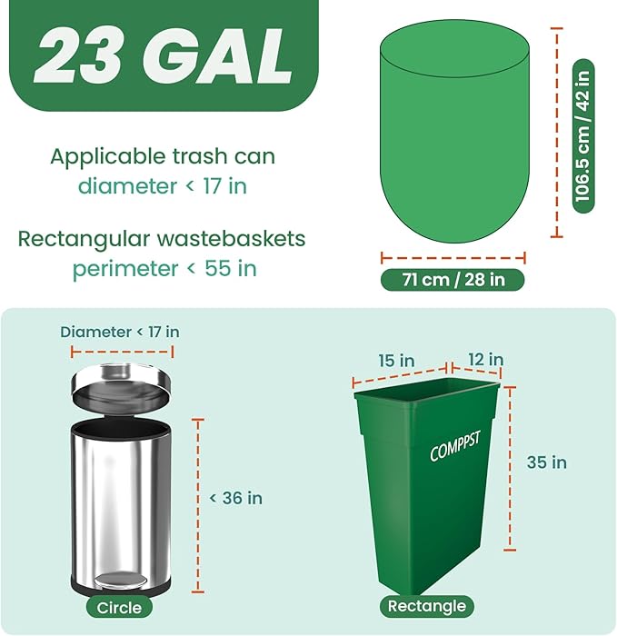Compostable Trash Bags 23 gallon Large Garbage Bags,20 Count, Fits13-25 gallon trash can, Extra Strong and Durable,Compostable Lawn & Leaf Yard Waste bags,ASTM D6400,Bpi &OK compost HOME certified