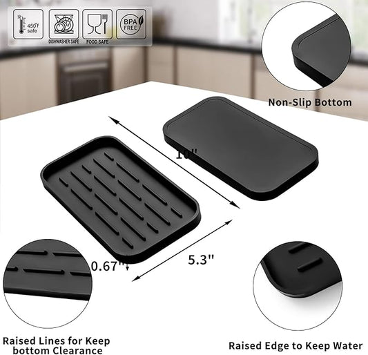 Silicone Kitchen Sink Organizer Tray for Multiple Usage,Eco-Friendly Sponges Holder for Kitchen Bathroom Counter or Sink,Dish Soap Dispenser,Scrubber,Bottle,Cup (Black, 10"Γ5.3")
