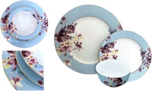 Gusto Buono Floral Porcelain 12-Piece Set, Designed in Italy, 4 Cereal Bowls (5.5), 4 Salad Plates (7.5), and 4 Dinner Plates (10.5), Blue