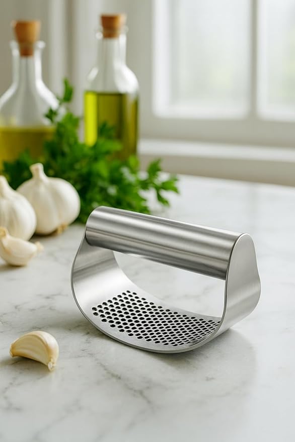 Angel's Peel Lounge Stainless Steel Garlic Press Rocker Set with Silicone Garlic Peeler & Cleaning Brush – Garlic Chopper, Mincer, Grater, Crusher (Stainless steel)