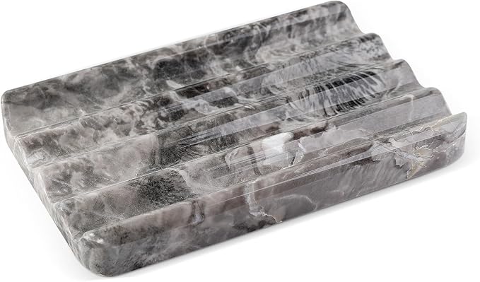 Marble Soap Dish, Bar Soap Holder Shower, Brown Soaps Saver with Water Ripple Design, Easy Cleaning Stone Sponge Holder for Kitchen Sink,Bathroom, Executive Natural Stone Soap Tray