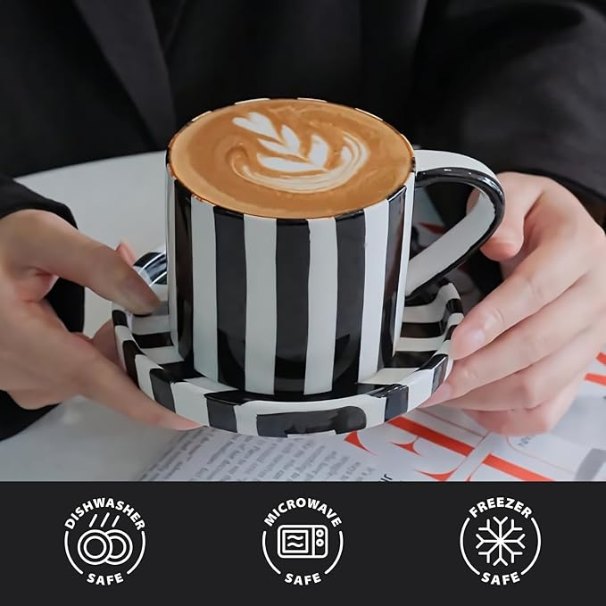 Tea Cup and Saucer, Ceramic 8 oz coffee mug, Dishwasher Safe and Microwave Safe, Black and White