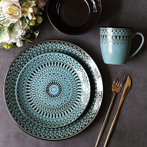 Ceramic Dinnerware Set of 4, 4 Pieces Porcelain Dinner Plate, Bowl, Mug for Kitchen – Unique Gift Idea, Scratch Resistant Dishes, Dishwasher & Microwave Safe (Peacock Green)