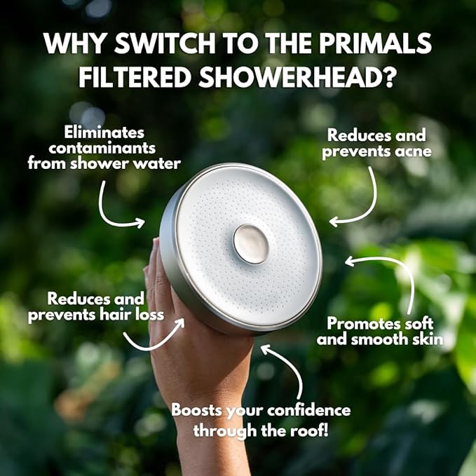 PRIMALS Filtered Shower Head - Removes Chlorine, Fluoride, Heavy Metals & Other Harmful Substances - Reduces Hairloss, Dry Itchy Skin, Eczema & Dandruff - Luxurious Water Pressure - Brushed Nickel