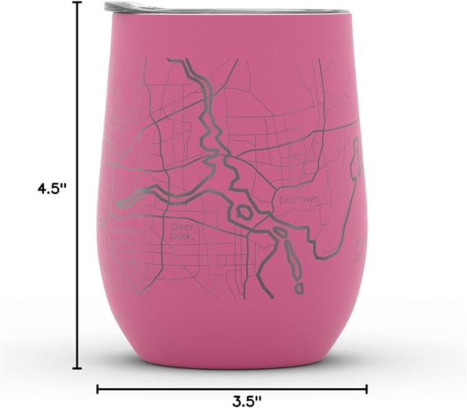 Well Told Engraved Houston Texas Map Insulated Wine Tumbler, Etched Stainless Steel Cup (12 oz, Sunset Pink) City Map Insulated Tumbler, Custom Insulated Tumbler, Outdoor Drinkware