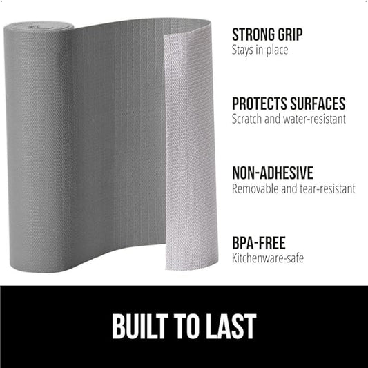 GORILLA GRIP Slip Resistant Drawer and Shelf Liner 2 Pack, Non Adhesive Water Resistant, Easy Clean and Trim, Smooth Surface Liners for Kitchen Cabinet, Shelves, Drawers, Pantry, 12 in x 10 FT, Gray