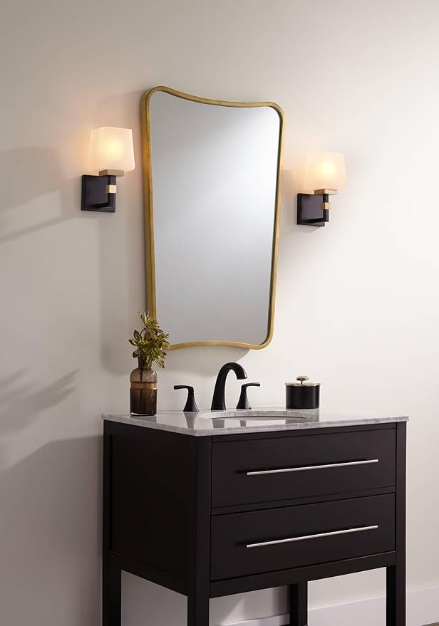 Possini Euro Design Beauregard Modern Wall Sconce Lighting Black Gold Metal Hardwired 10" High Fixture Square Linen Glass Shade for Bedroom Bedside Living Room Home Hallway Dining Kitchen