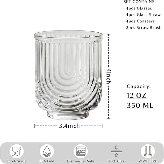 INSETLAN 12oz Vintage Glassware Arch Design Glass cups Set of 4, Fashioned Ripple Glassware Highball Glass, Classic Transparent Cocktail Glasses, for Bar Beverages Ice Coffee Juice Water (4pcs-S)