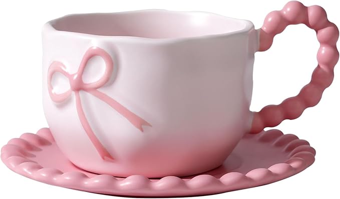 Bow Coffee Mug Pink Coquette Coffee Mugs Set with Saucer 12 OZ Porcelain Tea Cup Bow Cute Mug for Women Girl