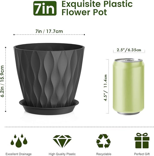 7 inch Plant Pots for Indoor Outdoor Plants, 5 Pack Thick Flower Pots with Drainage Holes and Saucers, 3D Modern Wave Texture Plastic Planter Pots for House Plants, Black