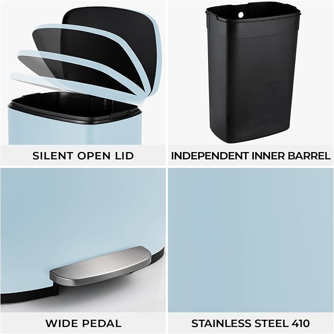 8 Gal Kitchen Trash Can, 30L Recycling or Garbage Bin, Brushed Stainless Steel Waste Basket, Soft&Quiet Close Dustbin, with Step-On Pedal, Removable Inner Bucket, for Home, Office, Living Room