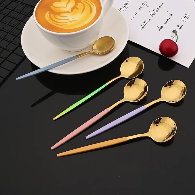 JASHII Flatware Set 24 Piece, Stainless Steel Silverware Set, Macaron Small Fresh Color Cutlery Set, Modern Elegant Tableware Set for Party, Christmas, Dinner (Rainbow Gold)