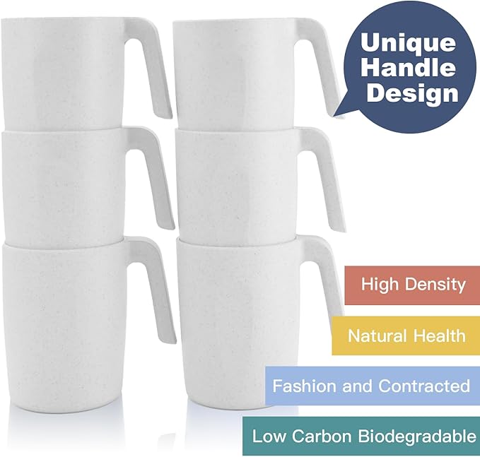 Homienly Wheat Straw Coffee Mugs Set of 6, Lightweight and Unbreakable Coffee Mugs with Handles, Alternatives to Plastic Coffee Mug, Microwave and Dishwasher Safe Cups for Kitchen, Tea - White