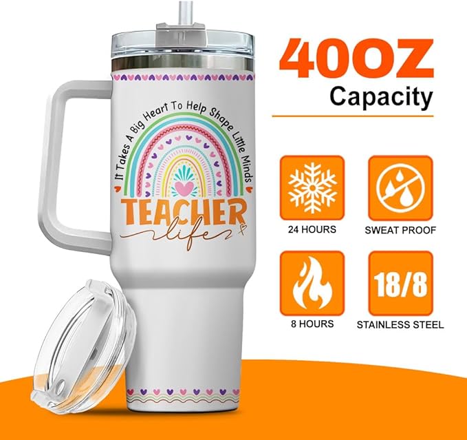Tumblers Cups Coffee Water Life For Insulated Gift Women Handle Straws Heart, Teacher Gifts, Tumbler 40 Oz With Handle Lid And Straw, Teacher Rainbow Nutrition Facts