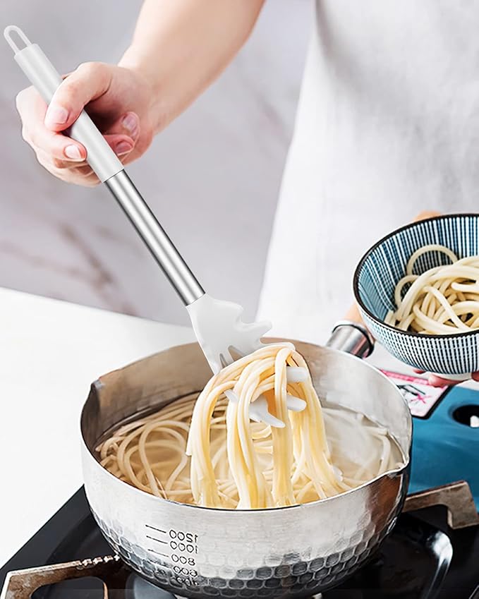 Pack of 2 Silicone Pasta Fork, Kitchen Heat Resistant Noodle Spoon Server, BPA Free Spaghetti Strainer, Best Cooking Tools (BLACK-WHITE)