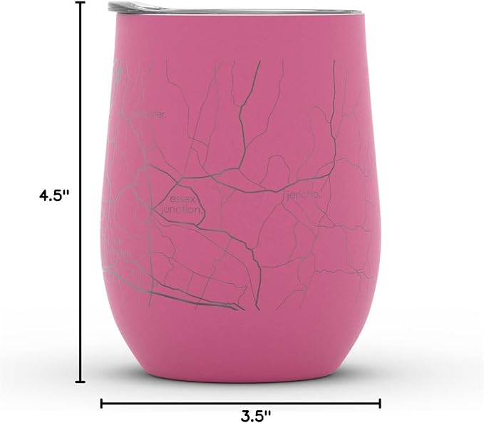 Well Told Engraved Burlington Vermont Map Insulated Wine Tumbler, Etched Stainless Steel Cup (12 oz, Sunset Pink) City Map Insulated Tumbler, Custom Insulated Tumbler, Outdoor Drinkware
