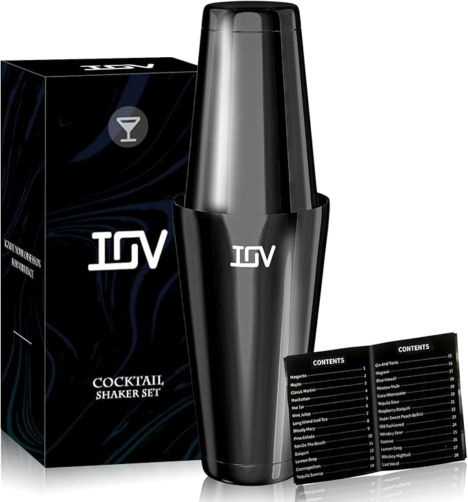 IOV Boston Cocktail Shaker Set, 18oz & 28oz Stainless Steel Weighted Shaker Tins, Metal Martini Drink Mixer for Bartending, Professional Bar Tools with Cocktail Recipe Guide, Black