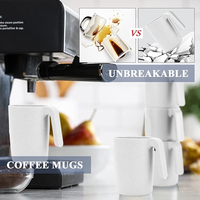 Homienly Wheat Straw Coffee Mugs Set of 6, Lightweight and Unbreakable Coffee Mugs with Handles, Alternatives to Plastic Coffee Mug, Microwave and Dishwasher Safe Cups for Kitchen, Tea - White