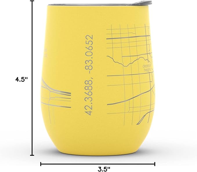 Well Told Engraved Detroit Michigan Map Insulated Wine Tumbler, Etched Stainless Steel Cup (12 oz, Sunrise Yellow) City Map Insulated Tumbler, Custom Insulated Tumbler, Outdoor Drinkware