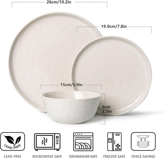 Ceramic Water Ripple Tableware Sets for 4, 12 Pieces Stoneware Plates and Bowls Sets, Reactive Glaze Dishes -Scratch Resistant, Dishwasher&Microwave Safe (Milky White)