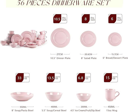Pearl Dots Stoneware Dinnerware Set (56pc Set, Pink)