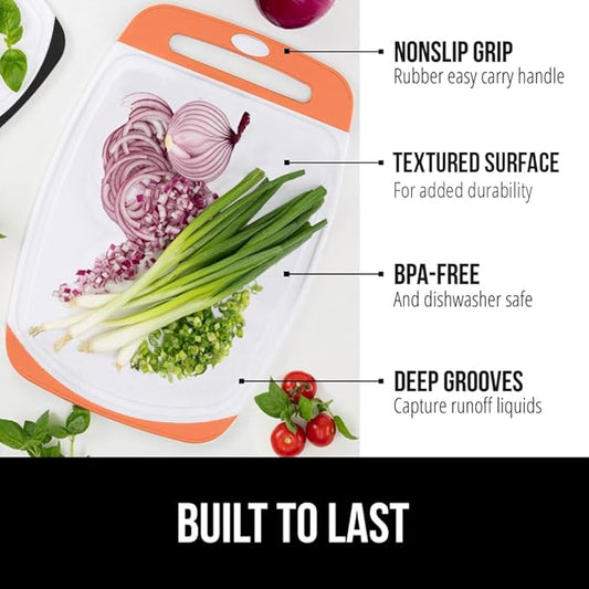 GORILLA GRIP BPA-Free Reversible Kitchen Cutting Board Set of 3 US Designed, Nonporous, Juice Grooves Catch Liquid, Slip Resistant Border, Dishwasher Safe Large Food Chopping Boards, Lime Orange Lemon