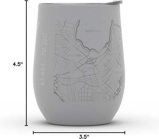 Well Told Engraved Portland Maine Map Insulated Wine Tumbler, Etched Stainless Steel Cup (12 oz, Dockside Gray) City Map Insulated Tumbler, Custom Insulated Tumbler, Outdoor Drinkware