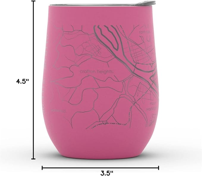 Well Told Engraved Pittsburgh Pennsylvania Map Insulated Wine Tumbler, Etched Stainless Steel Cup (12 oz, Sunset Pink) City Map Insulated Tumbler, Custom Insulated Tumbler, Outdoor Drinkware