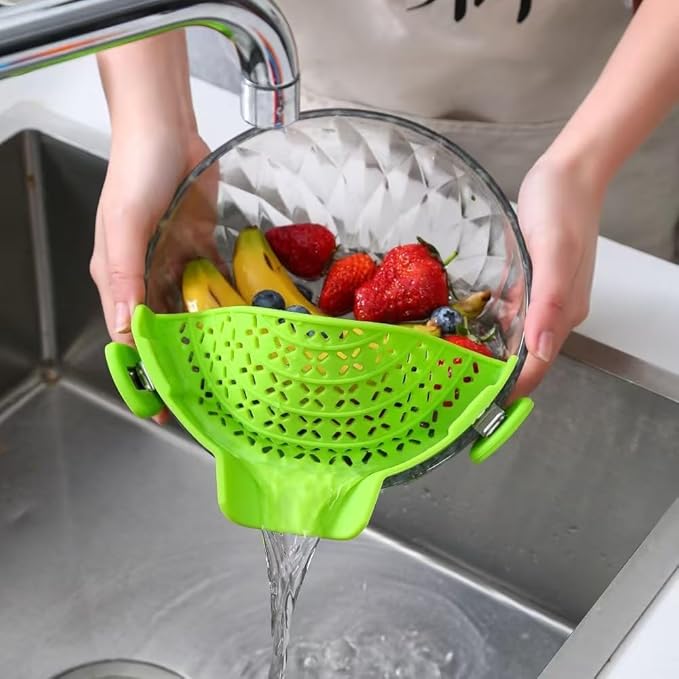 Clip-On Strainer - Universal Silicone Snap-on Colander for Draining Pasta, Vegetables & Grease – Heat-Resistant, BPA-Free, Heat Resistant, Fits Round & Oval Pots/Bowl