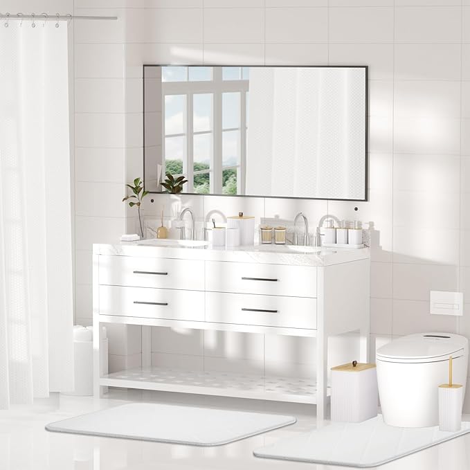 Bathroom Accessory Set - White Bathroom Set, 27PC Bathroom Accessories Set, Bathroom Sets with Shower Curtain and Rugs, Mini Trash Can, Toilet Brush, Trash Can & Soap Dispenser