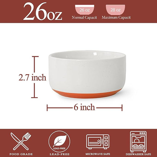 Stoneware Cereal and Soup Bowls Set of 4, 6-Inch Dual Glaze Ceramic Bowls for Breakfast & Oatmeal, Microwave and Dishwasher Safe, Stardust Glaze White