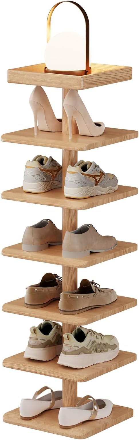Narrow Shoe Rack for Entryway - Wood Narrow Shoe Rack with Compact Design for Small Space, 6-Tier Shoe Organizer for Entryway Hallway Bedroom Closet