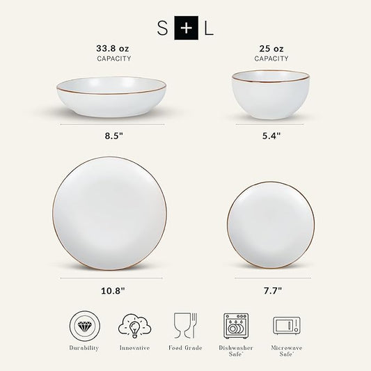 Stone Lain Brasa Modern Stoneware 16 Piece Dinnerware Sets, Plates and bowls Sets, Dish Set for 4, White