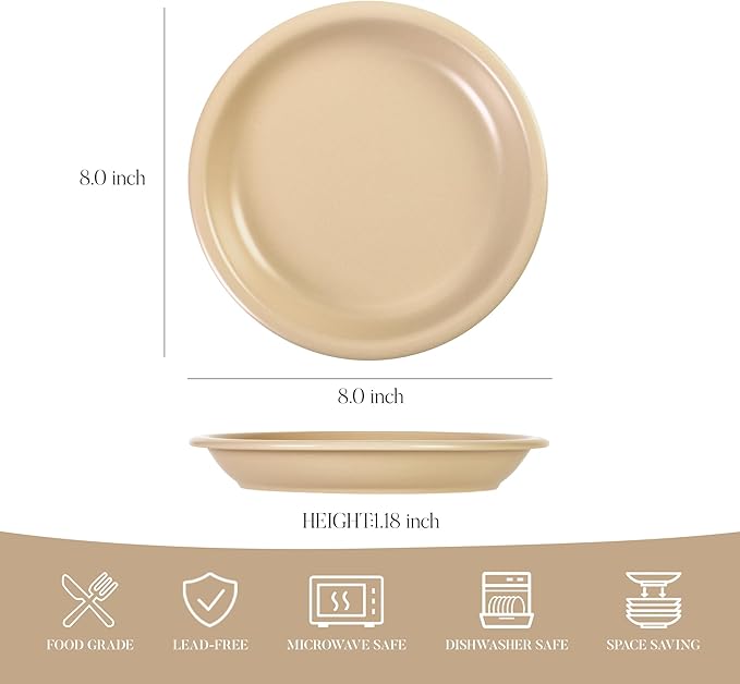 GZG 8 Inch Ceramic Dinner Salad Plates Set of 4, Rustic Matte Glaze Stoneware Dinnerware Set, Microwave & Dishwasher Safe, for Salad, Dessert, Appetizer, Everyday Use(Warm Sand)