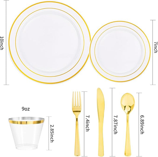 bUCLA 600Pcs White and Gold Plastic Plates - Gold Disposable Dinnerware Set for 100 Guests Include 100 Dinner & 100 Dessert Plates, 100 Cups, 100 Forks, 100 Spoons, 100 Knives for Party