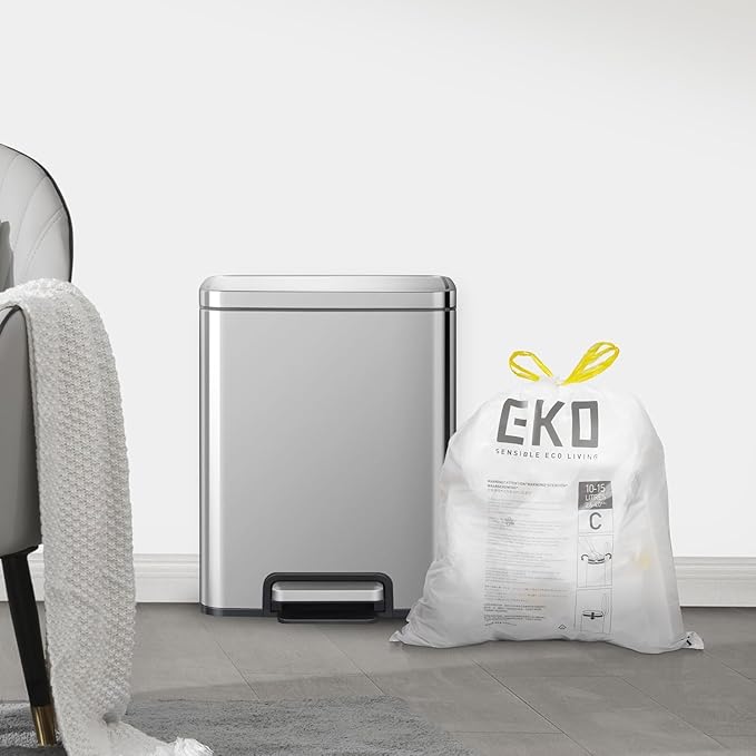 EKO 4 Gallon / 10-15 Liter, 80 Count Small Drawstring Trash Bags, Extra-Strong Unscented Garbage Bags, Easy-Dispense Roll for Kitchen & Household Use, Resists Tears, Leaks and Punctures, Code C, White